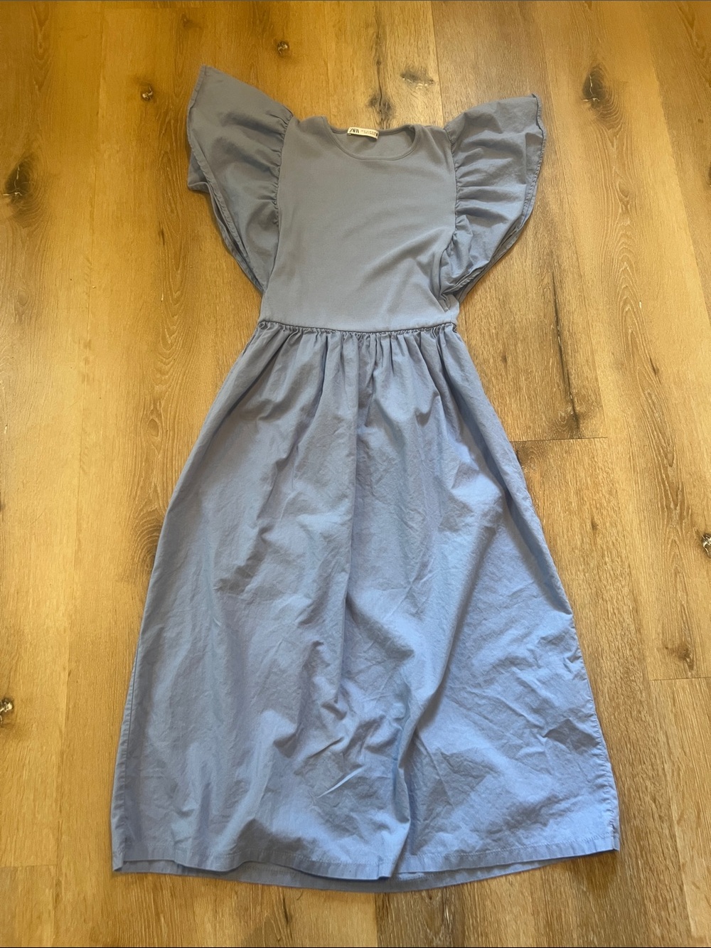 Zara Medium Blue Flutter Sleeve Midi Dress